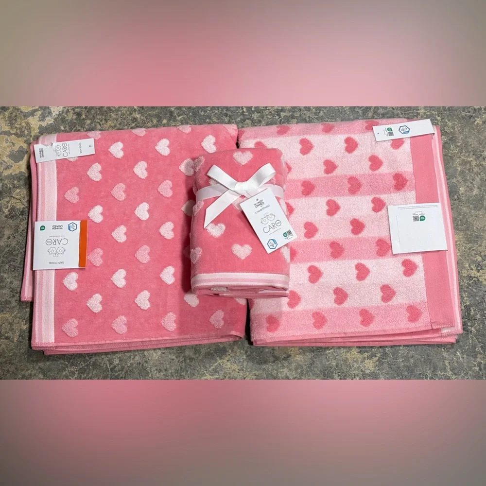 Caro Kids Pink Heart Bath Towel Set of 4 (2 Bath 2 Hand) - NWT